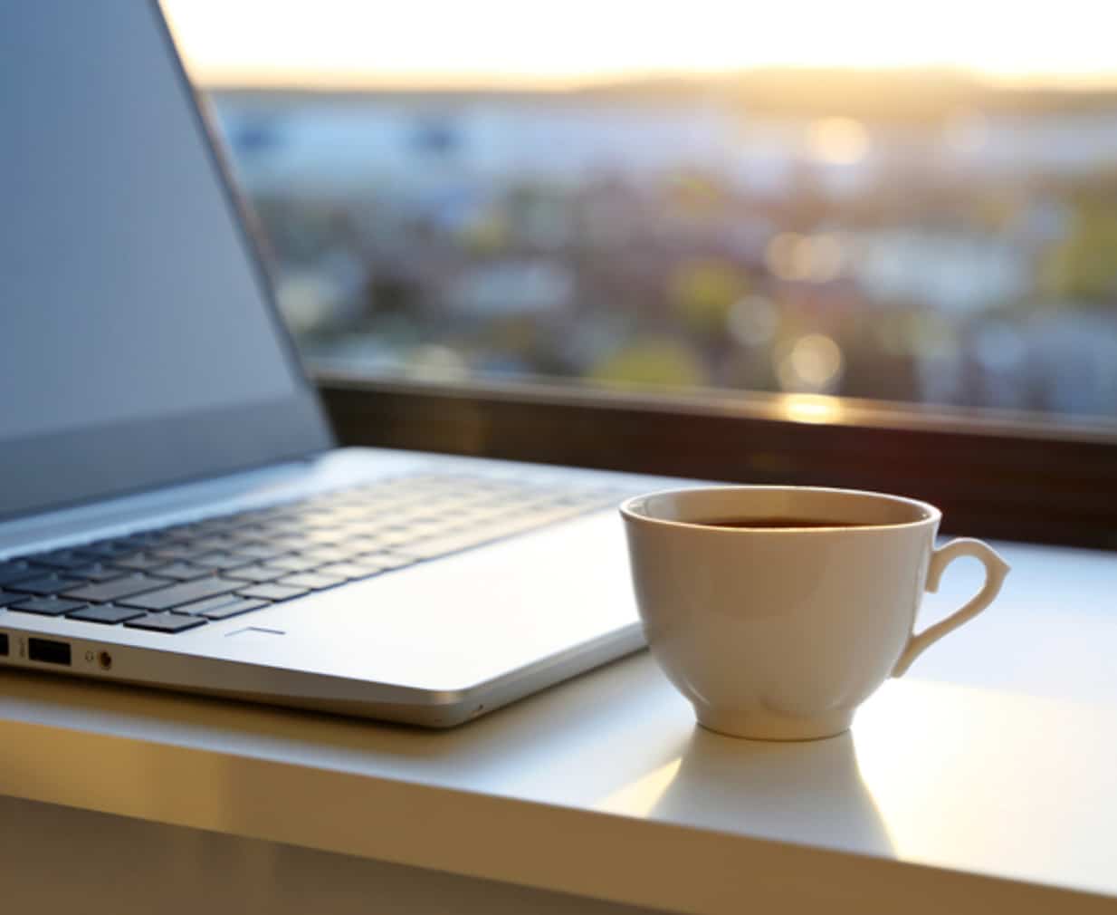 Coffe cup and laptop on desk at sunrise